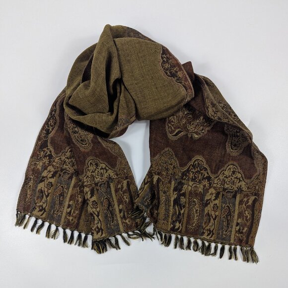 Sacred Threads 100% Wool Brown Paisley Fringe Scarf 66" Long Made in India - Picture 2 of 5